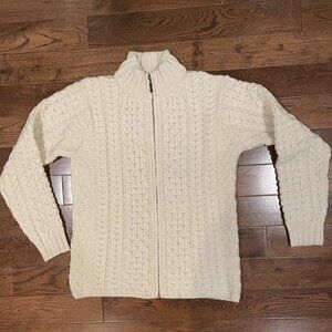 Inis Crafts Merino Wool Cardigan High- Neck Cable knit Full Zip  Size S